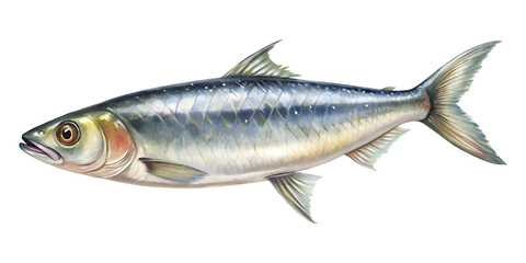 Fototapeta premium Detailed watercolor painting of a sardine fish on a clean transparent background