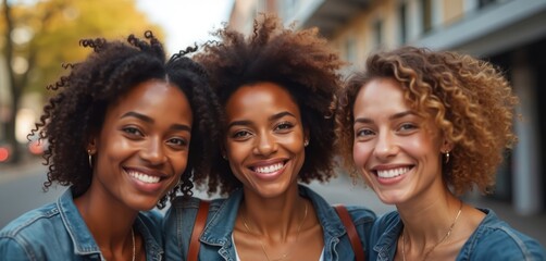 Obraz premium Diverse women smiling in friendship. Positive multiethnic females group. Happy girls outdoor, people joy together. Concept of diversity, inclusion, equality, teamwork, community. Positive emotion.