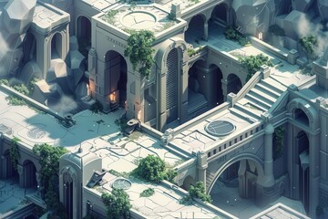 Fantasy Isometric 3D Cityscape with Glowing Lights and Complex Architecture for Game Design and Concept Art
