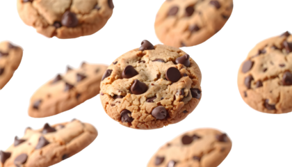 Chocolate chip cookies falling against transparent background