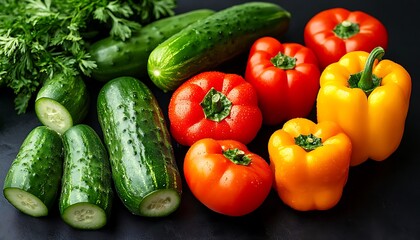 Fresh Colorful Peppers, Cucumbers, and Parsley Sprigs on a Dark Textured Surface