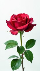Deep crimson rose, vibrant green leaves, stark white backdrop, love, studio shot