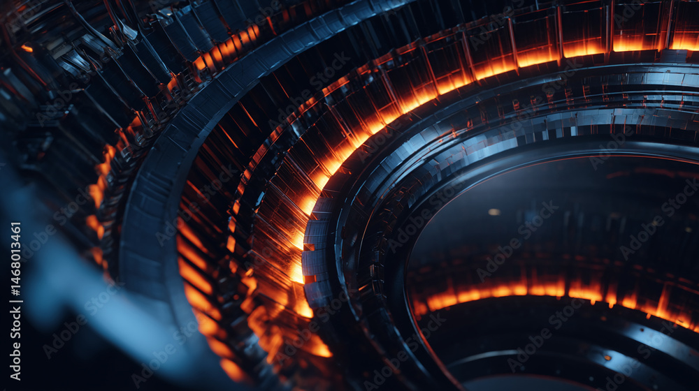 Poster abstract image of dark blue and orange glowing mechanical structure, showcasing intricate details an