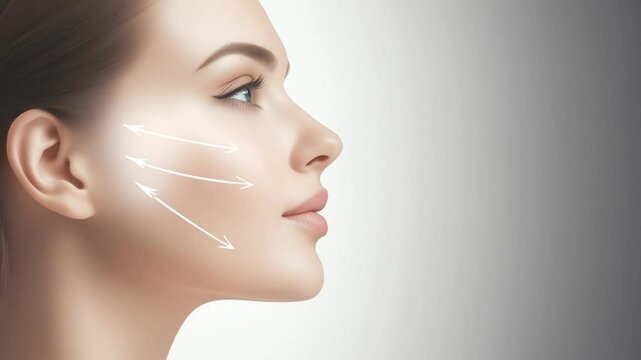 Profile of beautiful woman illustrating facelift techniques with arrows emphasizing principles of cosmetology and plastic surgery for facial rejuvenation and contouring and skin beauty improvement