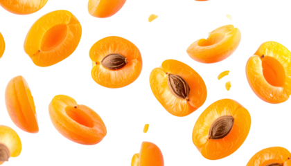 Multiple dried apricot halves floating on transparent background