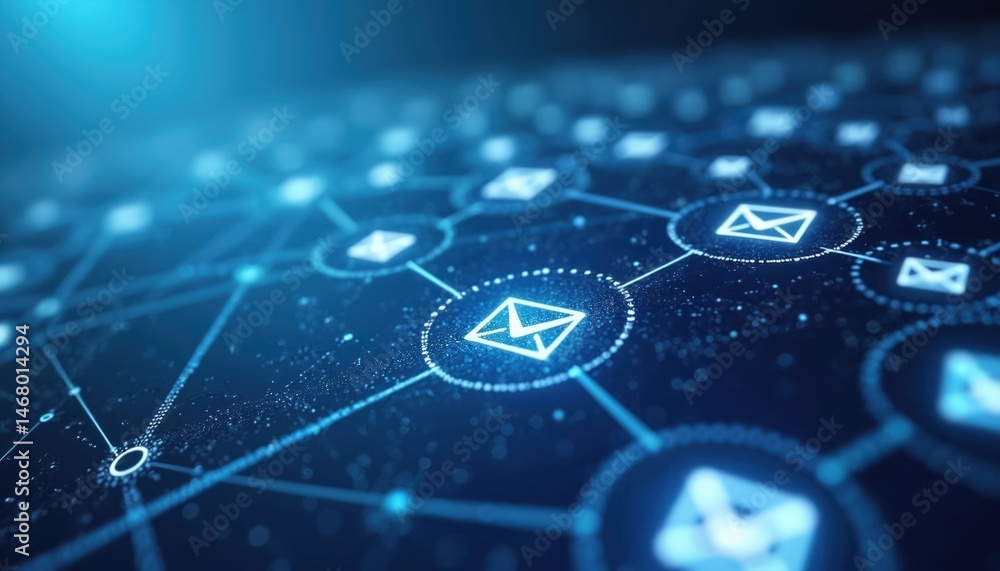 Poster digital illustration of email network connections. abstract background with glowing envelope icons, 