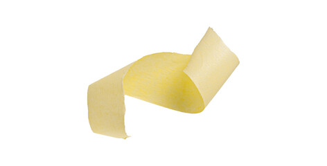 Yellow painter's tape isolated on white background, macro. Torn, crumpled, twisted strips of yellow painter's tape on white background, close-up.