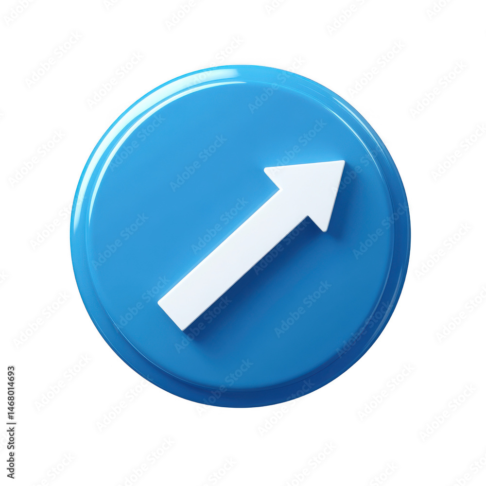 Poster blue round button with a white arrow pointing upper right corner isolated on transparent background