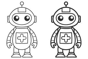 Two cute robots feature plus signs on their bodies in a simple line drawing