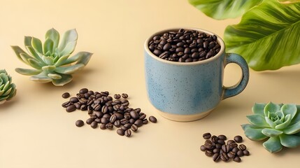Blue Mug Coffee Beans Succulents Still Life