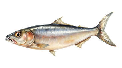 Detailed watercolor painting of a herring fish, showcasing its silvery scales and fins