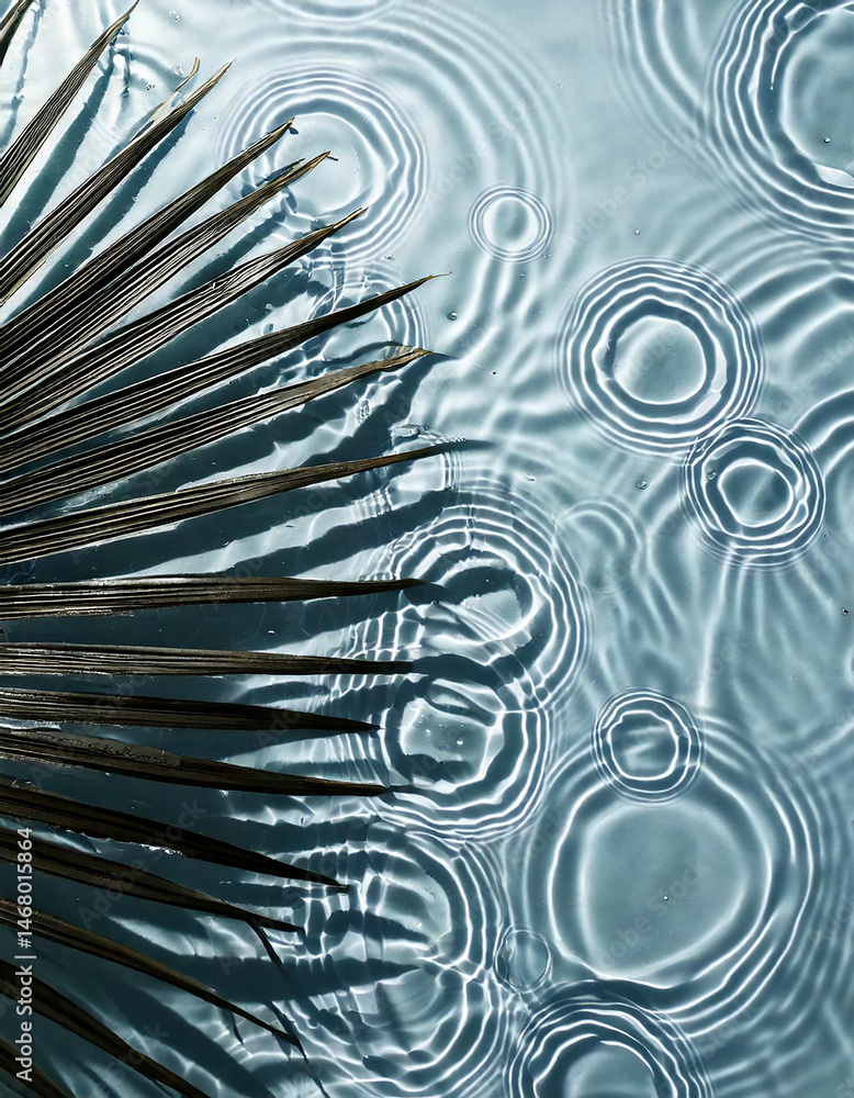 Aufkleber palm leaf casting shadows on rippled water surface with concentric circles, creating a tranquil and 