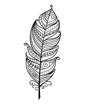 Hand drawn doodle feather in black outline. Decorative zentangle style element with intricate patterns. Ideal for coloring books, tattoos, or boho design projects.