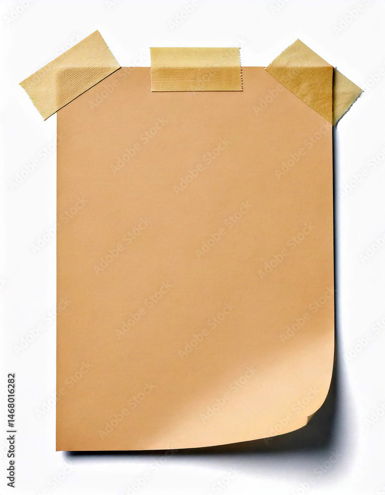 Poster tan paper sheet is taped to a white surface. the bottom right corner of the paper is curled. the pap