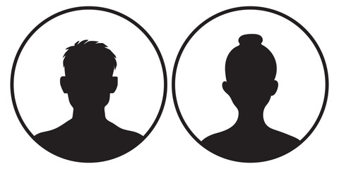 A vector illustration depicting male and female face silhouettes or icons, serving as avatars or profiles for unknown or anonymous individuals. The illustration portrays a man and a woman portrait.