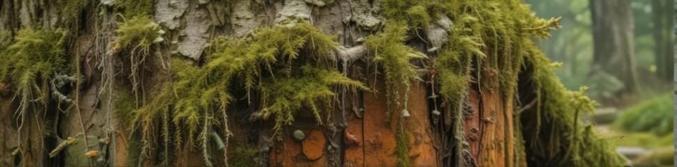 Ancient moss-covered tree trunk, weathered bark, lichen , environment, woodland