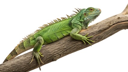 Fototapeta premium green full body iguana lying on a tree branch on white background