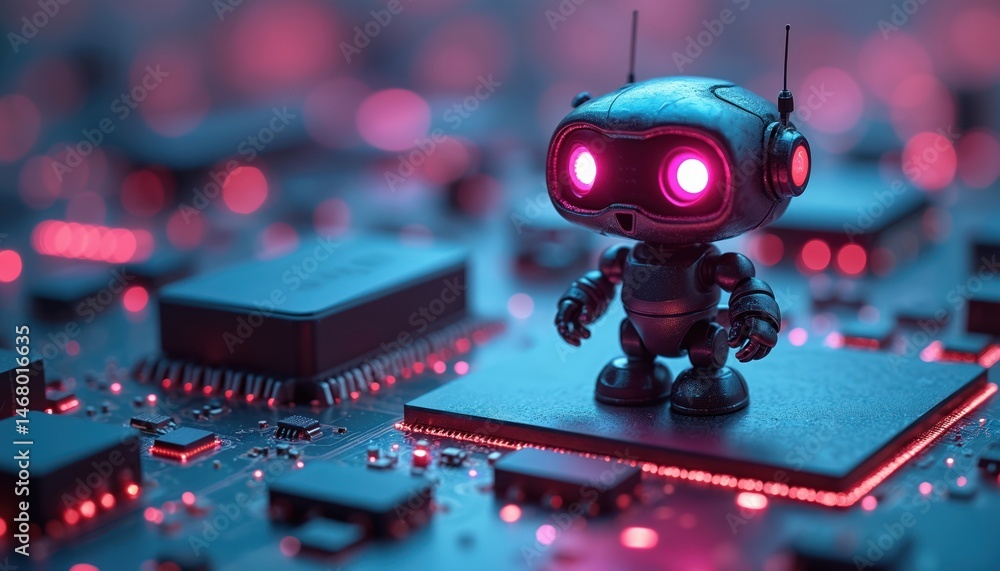 Poster AI chatbot illustration. Futuristic bot stands on circuit board. Conceptual image technology, machine learning, communication, data processing. Artificial intelligence, modern tech.