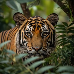 Fototapeta premium Striking Tiger Portrait amid Lush Green Foliage in Natural Habitat with Intense Gaze and Pattern