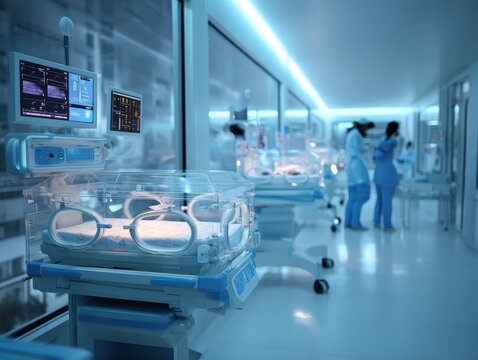 Neonatal room with incubators and medical personnel, ambient blue lighting, focus on transparent incubator, advanced monitoring screens display vital data, clean and modern atmosphere