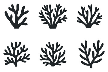 Six Unique Black Silhouettes of Seaweed or Coral for Design Projects