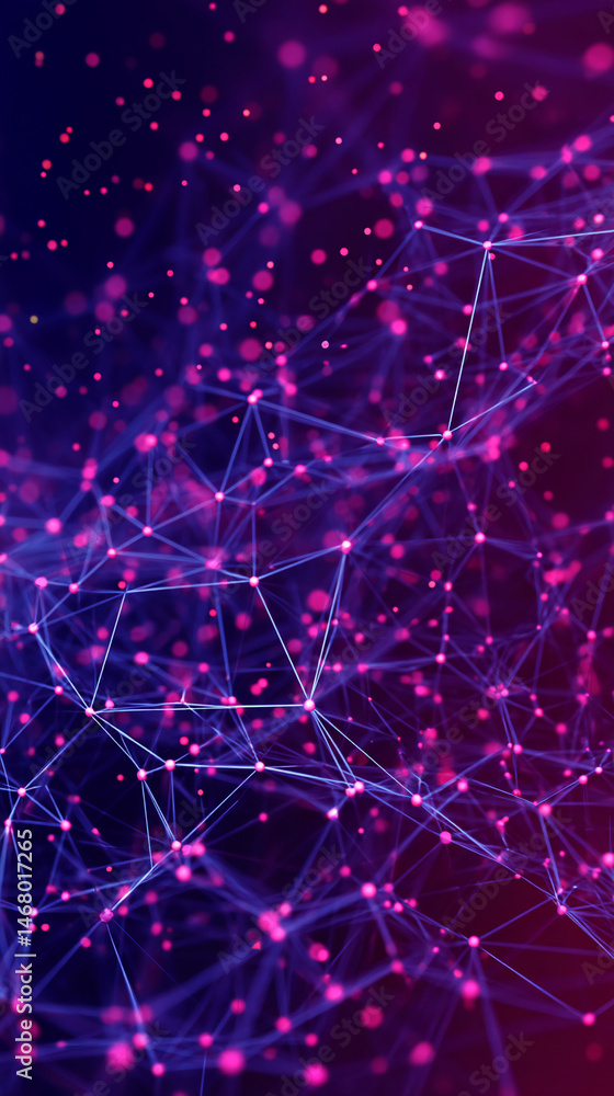 Poster abstract image of interconnected nodes and lines, pink and purple hues, creating a network visualiza