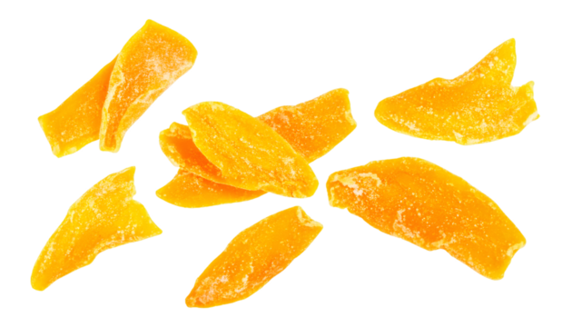 Freeze dried mango chunks hovering on transparent background