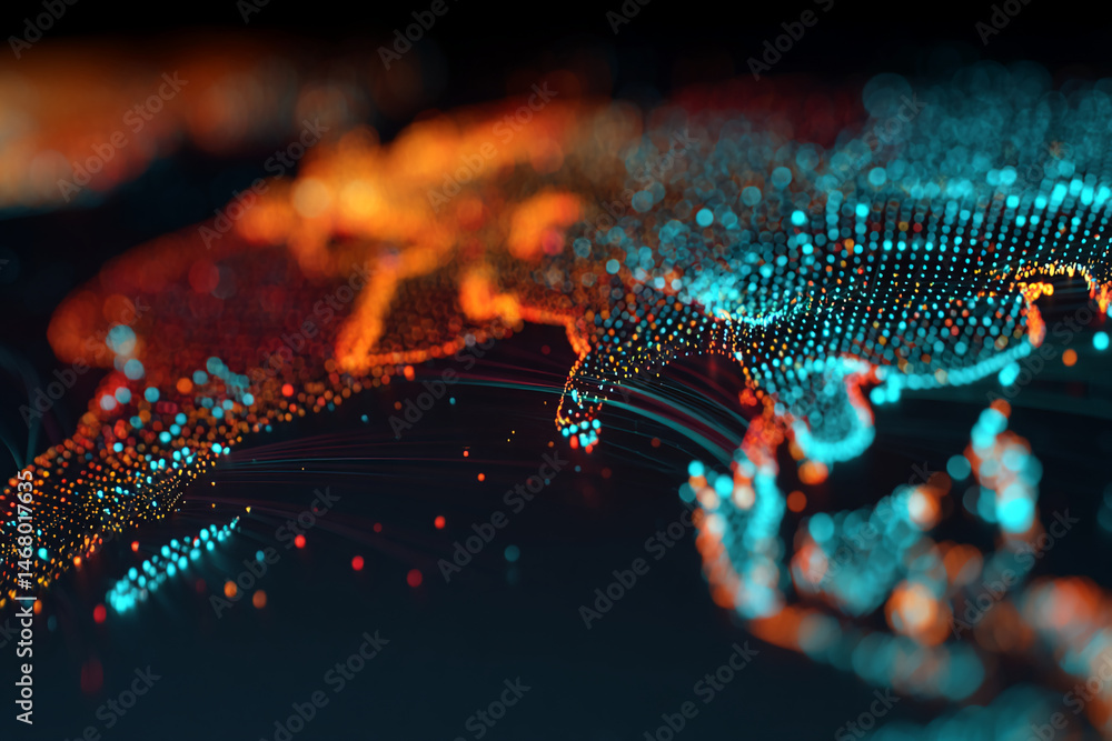 Poster abstract image of glowing particles in orange and teal, forming flowing lines and shapes on dark bac