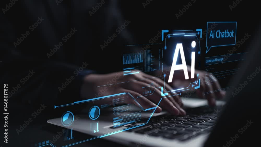 Poster human interact with ai artificial intelligence virtual assistant chatbot in concept of ai artificial