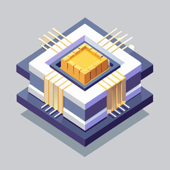 Naklejka premium Isometric illustration of a computer chip, showcasing its intricate design and circuitry in a three-dimensional perspective.