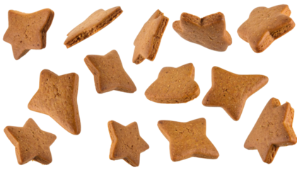 Multiple gingerbread cookies falling on transparent background