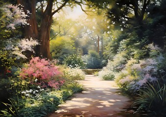 Fototapeta premium A Serene Walk Through a Lush Forest Garden Under the Gentle Warmth of the Sun's Embrace