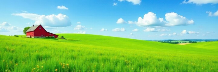 Obraz premium Lone red farmhouse, vibrant green field, clear blue sky, horizon, home, idyllic