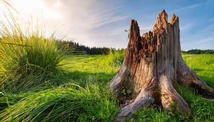 Obraz premium decaying tree stump surrounded by vibrant green grass in a natural setting