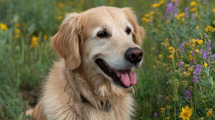 Golden Retriever in Wildflower Meadow Portrait