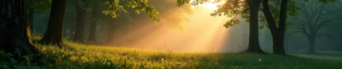 Misty dawn in serene woodland, sunlight filtering through leaves, nature, harmony, mist