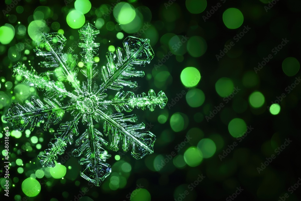 Poster a single, detailed snowflake glows with a vibrant green hue against a bokeh background of green circ