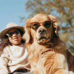 a joyful golden retriever with sunglasses in a sunny park, playing with kids, cheerful stock photo style --profile dt4vqu9