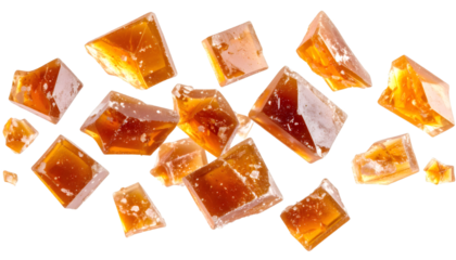 Multiple maple sugar shards levitating on transparent background