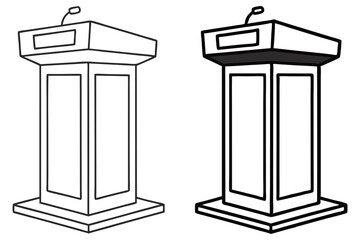 Dual podiums each feature distinct outlines and a mounted microphone for public speaking events