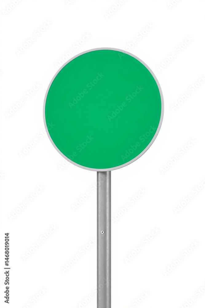 Poster green round sign on a metal pole, isolated on white. ideal for adding custom text or graphics for va