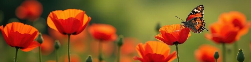 Fototapeta premium Vibrant red poppies in full bloom, delicate butterfly perched , white background, bright, antennae