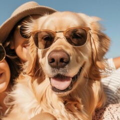 a joyful golden retriever with sunglasses in a sunny park, playing with kids, cheerful stock photo style --profile dt4vqu9