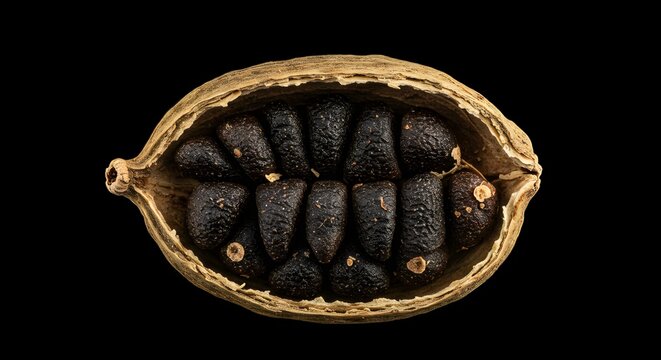 Macro Photograph Displays A Cracked Cardamom Pod Filled With Rows Of Dark Aromatic Seeds