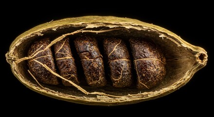 Close up of a cardamom pod showing the seeds inside on a black background detail view