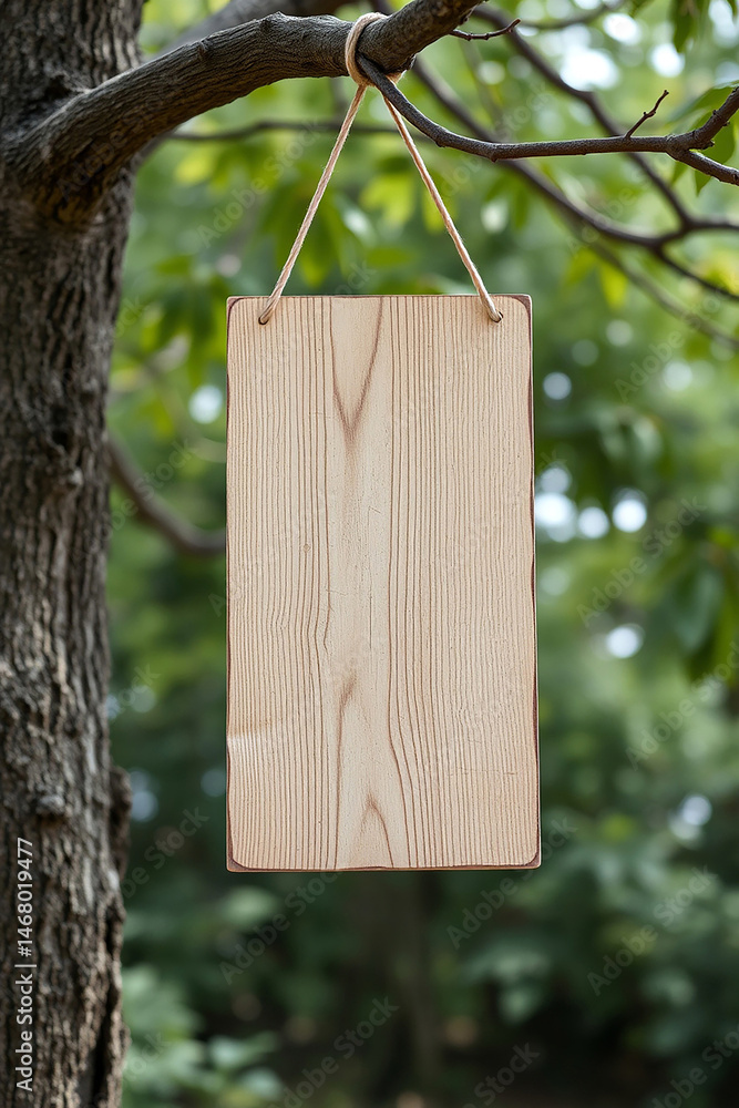 Aufkleber blank wooden sign hanging from a tree branch with blurred green foliage background. perfect for addi