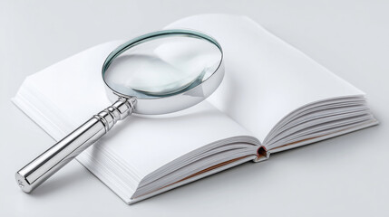 Magnifying glass on open blank book, showcasing research, investigation, or discovery concept