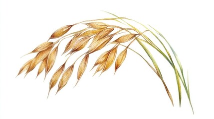 Golden Oat Sprig Watercolor Illustration of Cereal Grain on White.