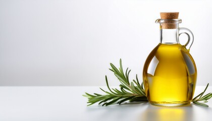 olive oil with rosemary a white surface holds a bottle of olive oil and a sprig of rosemary