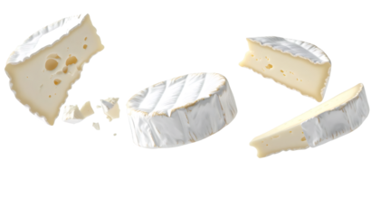 Soft brie cheese wheel and slices floating on transparent background